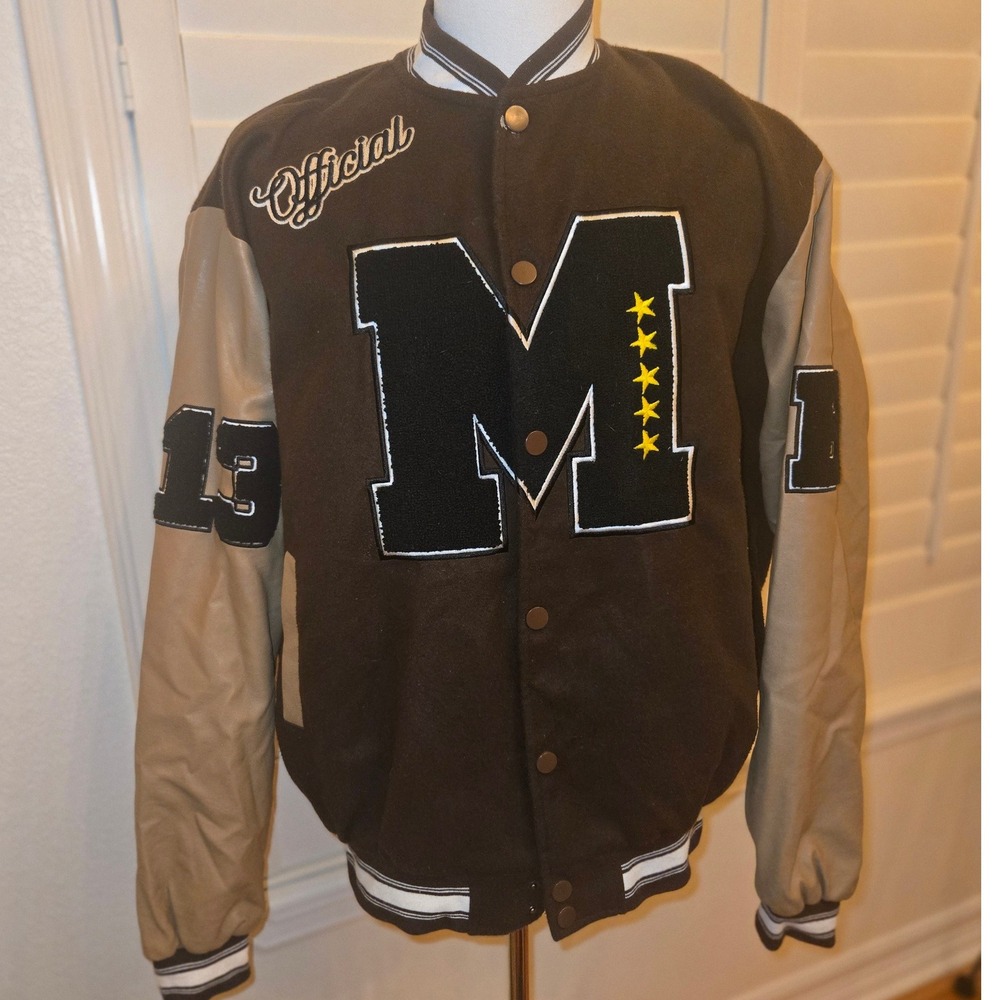 BoohooMAN Mens Varsity Jacket Brown Leather Sleeves "M" Patch "Official" XL